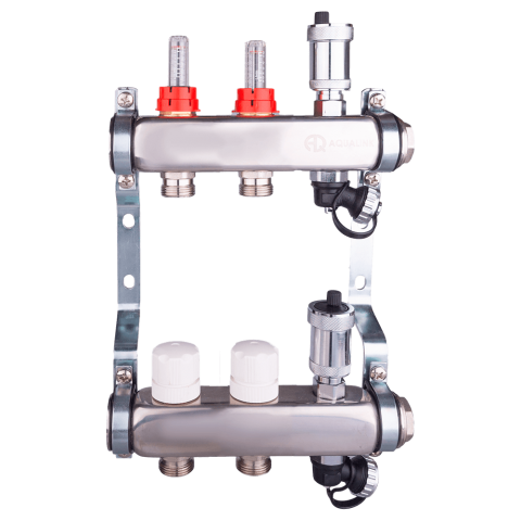 Коллекторная группа 2 конт. с расходомер. + дрен.кран + авт.возд., нерж.сталь 1'x 3/4'EK AQUALINK
