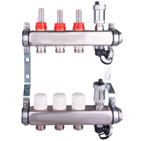 Коллекторная группа 3 конт. с расходомер. + дрен.кран + авт.возд., нерж.сталь 1'x 3/4'EK AQUALINK