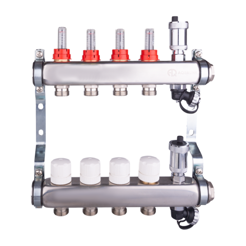 Коллекторная группа 4 конт. с расходомер. + дрен.кран + авт.возд., нерж.сталь 1'x 3/4'EK AQUALINK