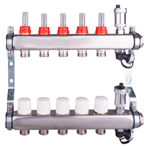 Коллекторная группа 5 конт. с расходомер. + дрен.кран + авт.возд., нерж.сталь 1'x 3/4'EK AQUALINK