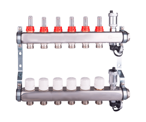 Коллекторная группа 6 конт. с расходомер. + дрен.кран + авт.возд., нерж.сталь 1'x 3/4'EK AQUALINK