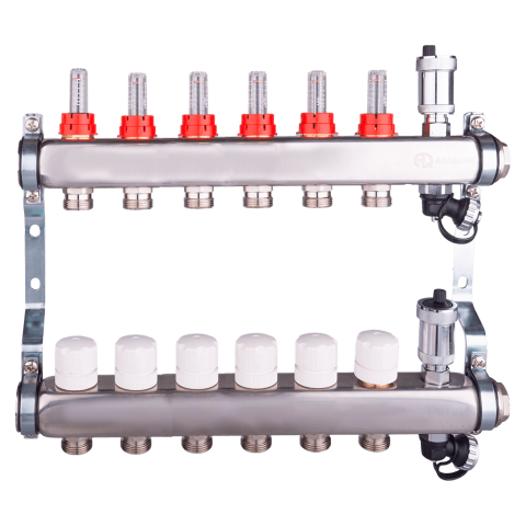 Коллекторная группа 6 конт. с расходомер. + дрен.кран + авт.возд., нерж.сталь 1'x 3/4'EK AQUALINK