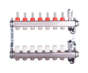 Коллекторная группа 7 конт. с расходомер. + дрен.кран + авт.возд., нерж.сталь 1