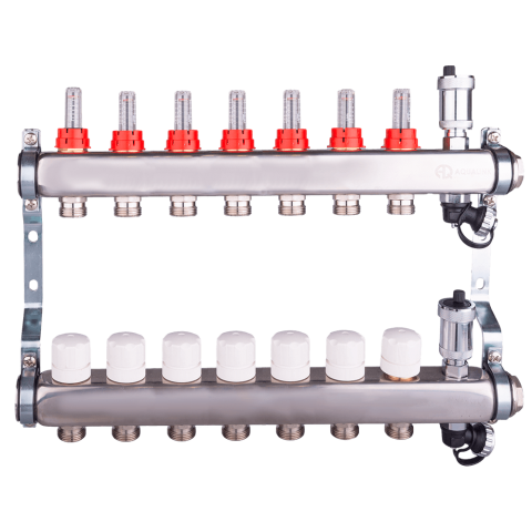 Коллекторная группа 7 конт. с расходомер. + дрен.кран + авт.возд., нерж.сталь 1'x 3/4'EK AQUALINK