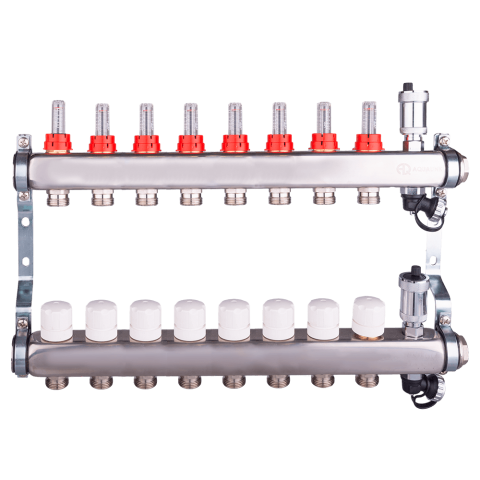 Коллекторная группа 8 конт. с расходомер. + дрен.кран + авт.возд., нерж.сталь 1'x 3/4'EK AQUALINK